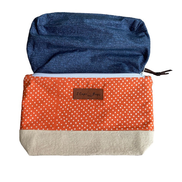 Tangerine & White Dotted South Cape Bag with blue denim interior