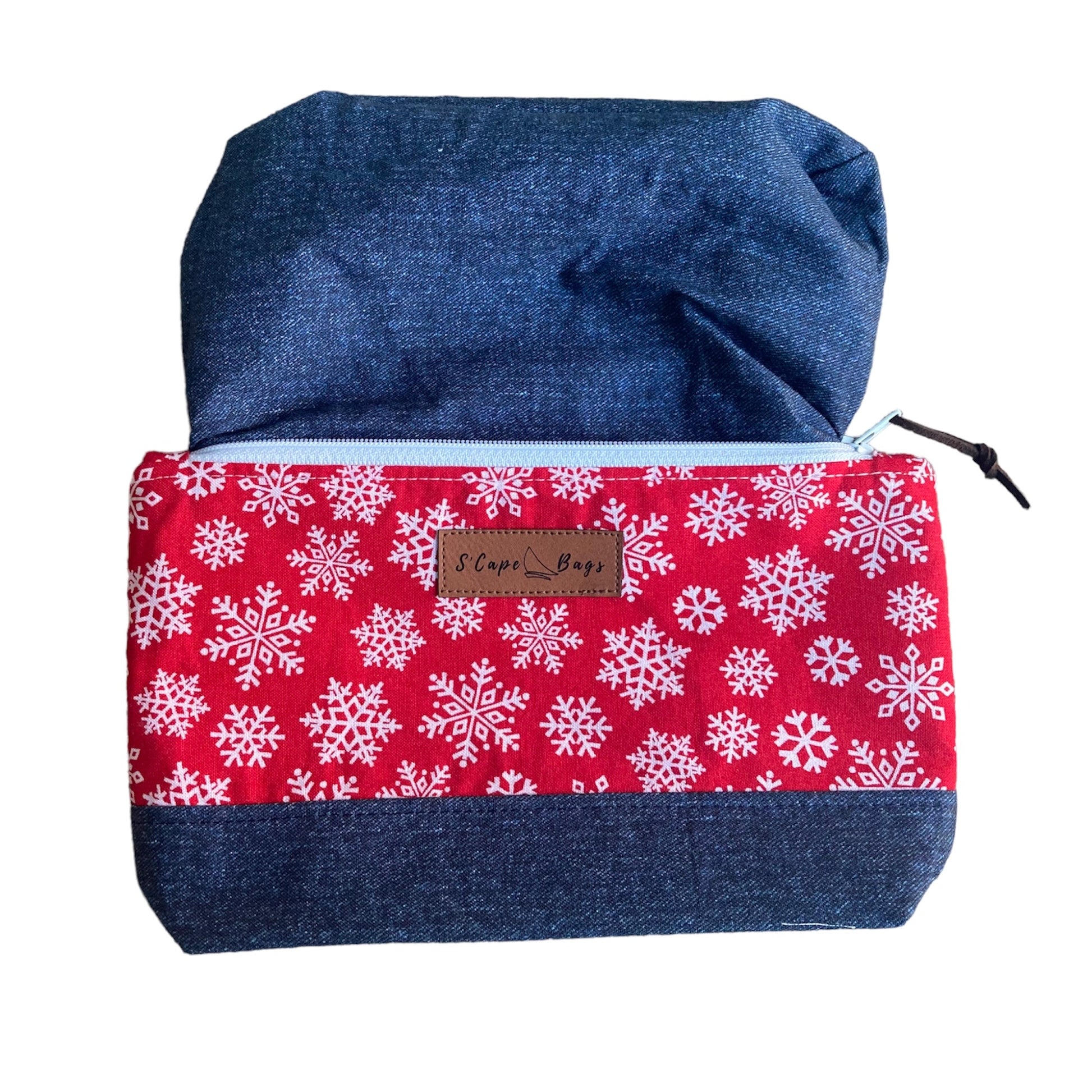 Snowflakes on Red South Cape Bag with interior denim 