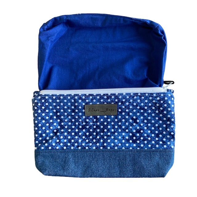 White Dotted Blue South Cape Bag with cobalt interior